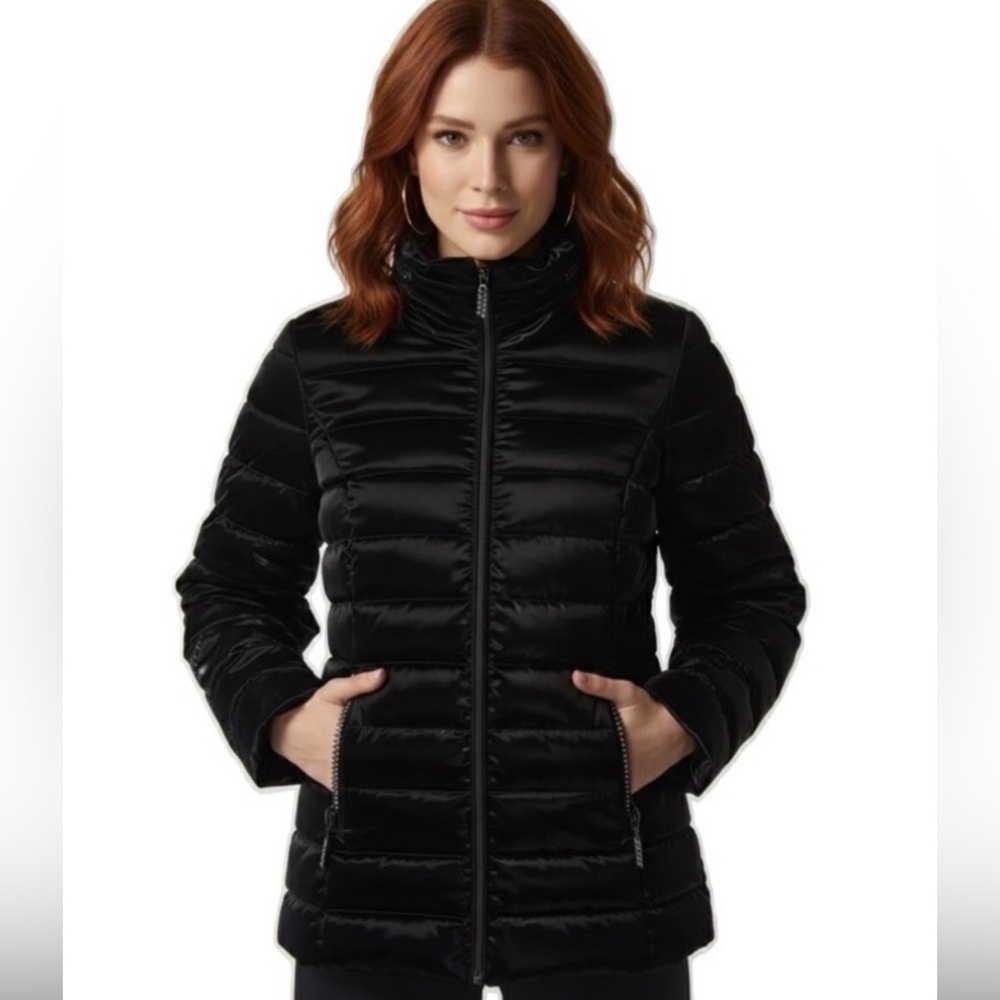 Joseph Ribkoff Glossy Black Quilted Puffer Jacket, Rhinestone Details/Hood, S